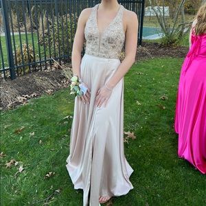 Prom dress, champagne color satin silky fabric with blinged top, has slit on leg